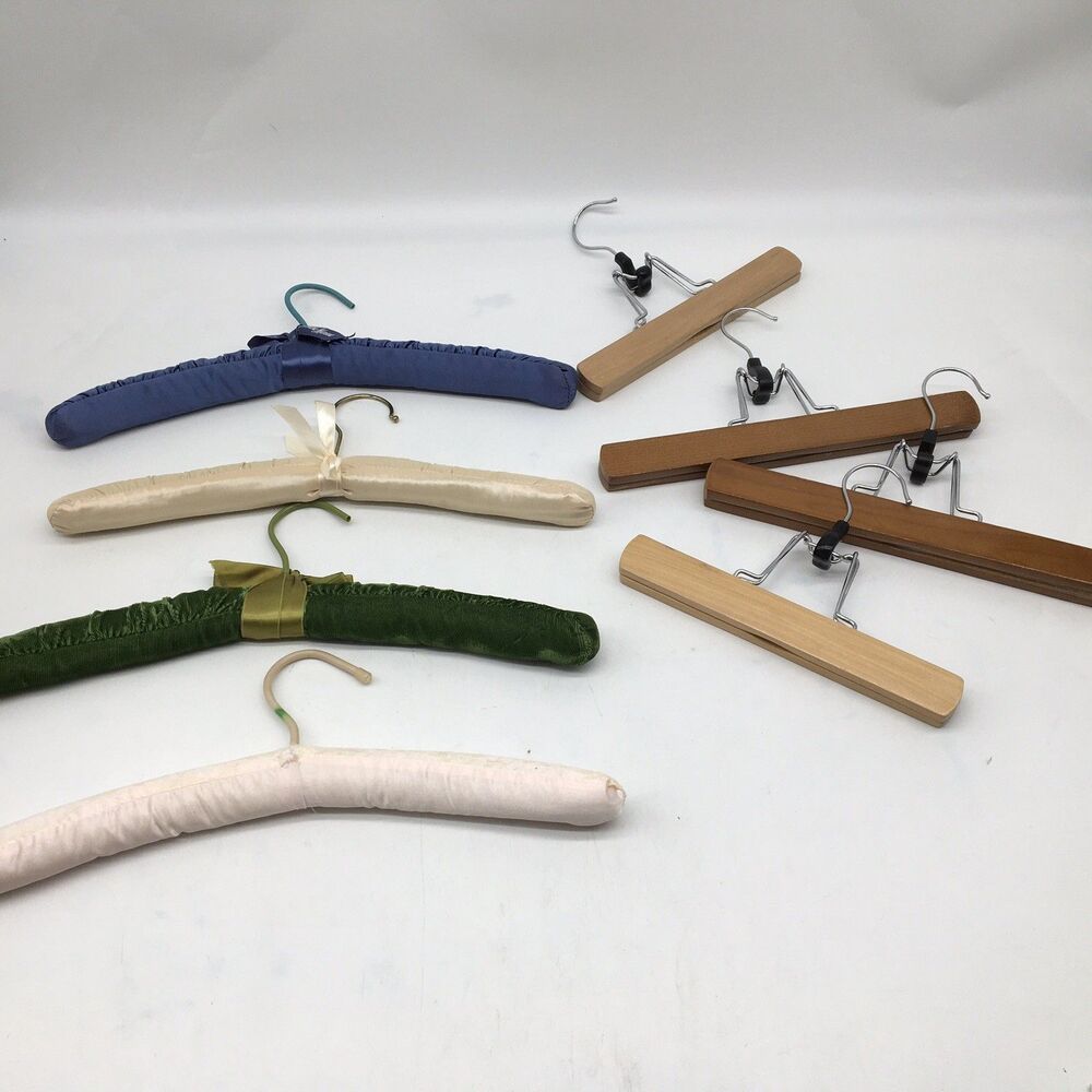 8 Pc Vintage Wooden Metal Pants Skirt Hangers Clip Clamp Padded Hangers Boudoir